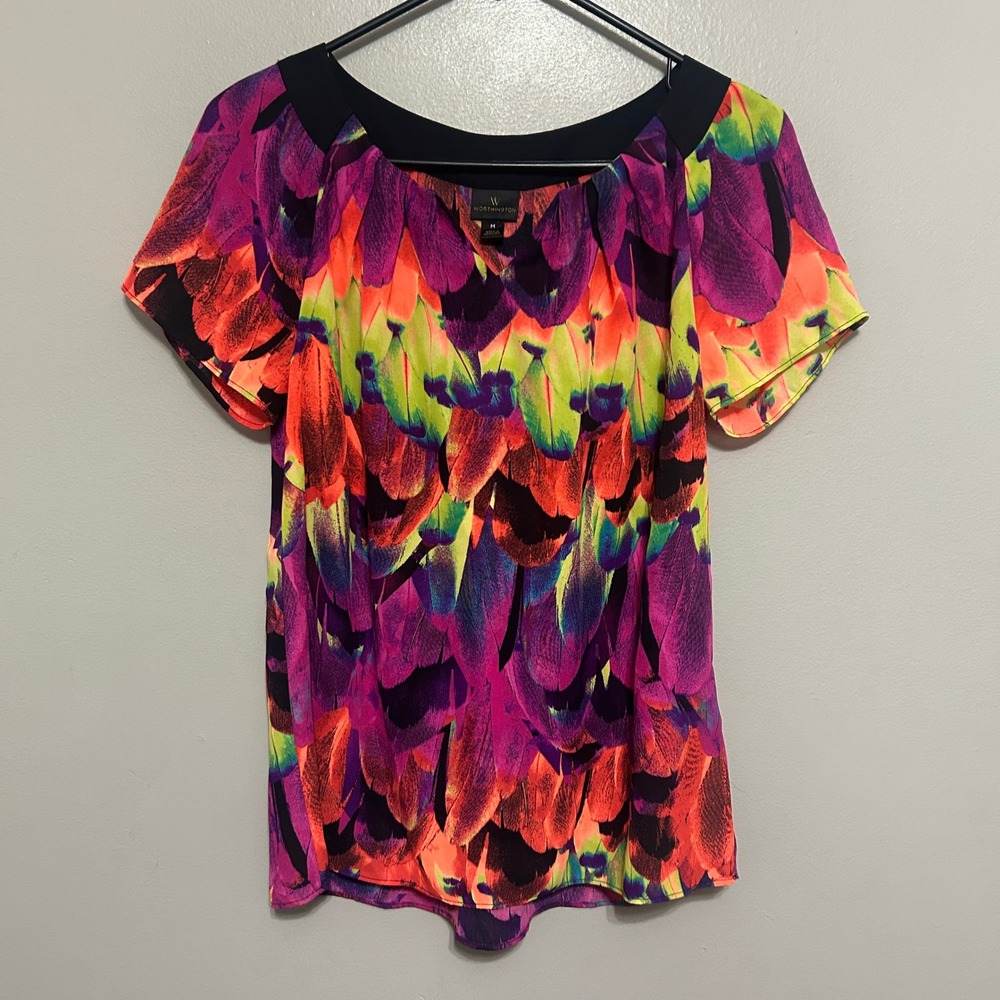 Worthington Blouse M Multicolor Feather Print V-Neck Tropical Maximalist Neon